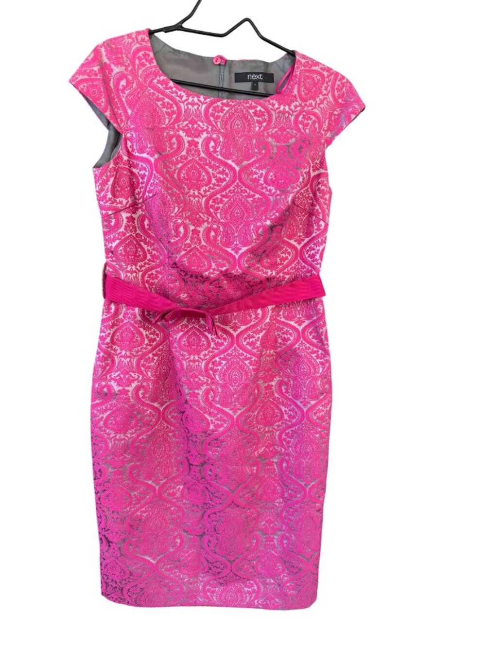 Next Pink Floral Pattern Cocktail Dress Bow Belt Size 12 Cap Sleeves Back Zip